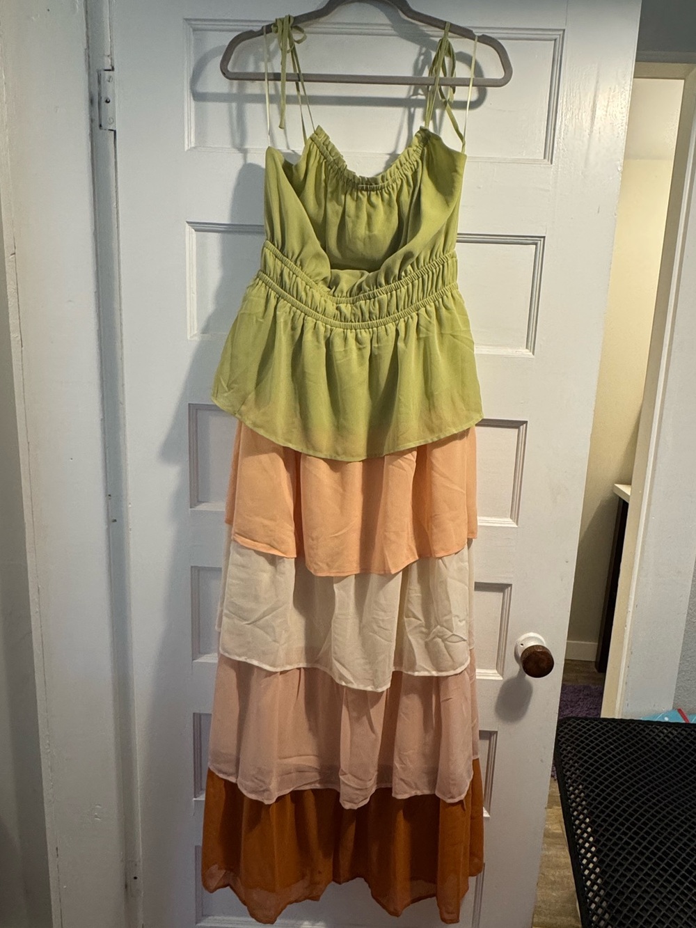 Tiered Spaghetti-Strap Maxi Dress - Green Peach Cream Brown